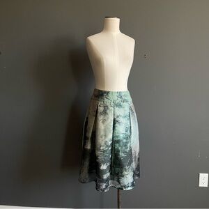 Art Print Pleated Midi Skirt Green Oil Painterly Abstract Avant Garde Luxe